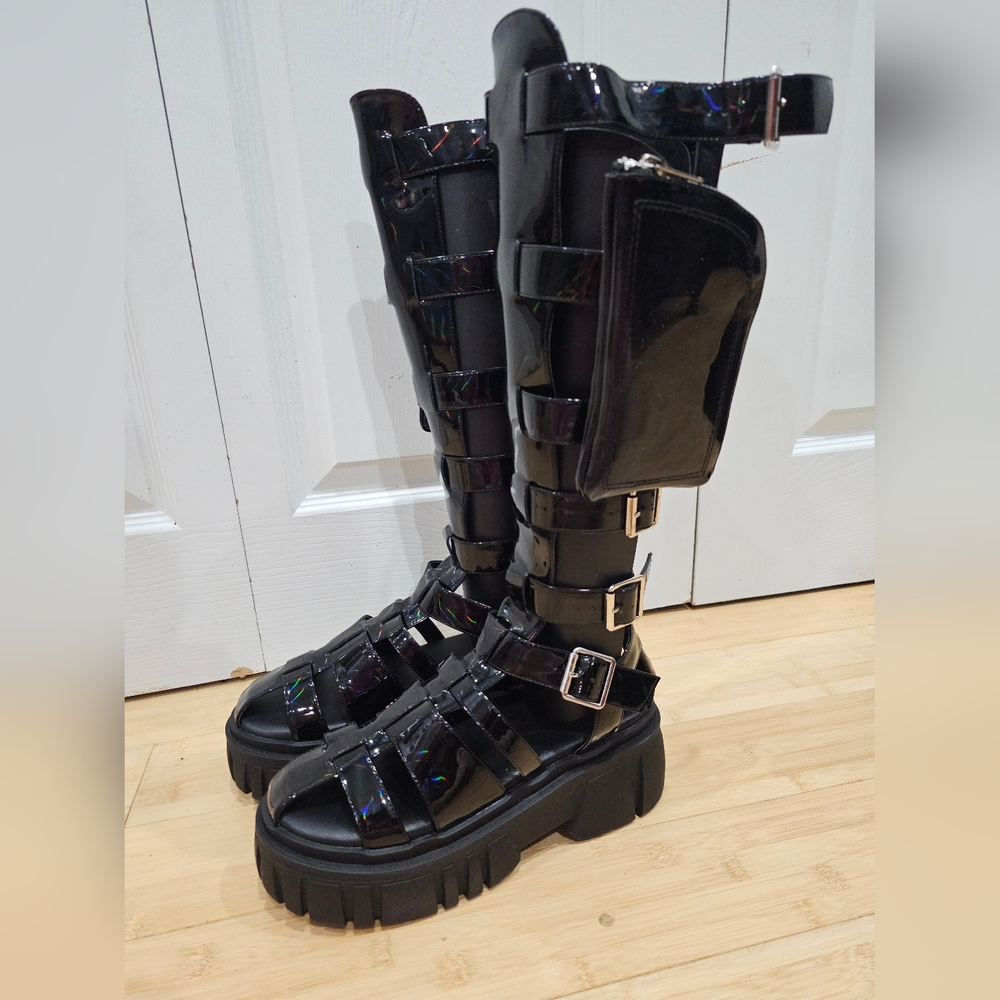 Holographic Oil slick black Rave Club Exx Stage Diver Gladiator Sandals Shoes 9 - Picture 11 of 16